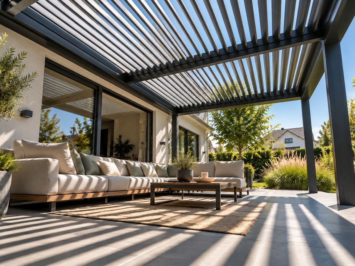 Lamellendach aus Aluminium mit schräg gestellten Lamellen, Licht fällt in Streifen auf die Terrasse