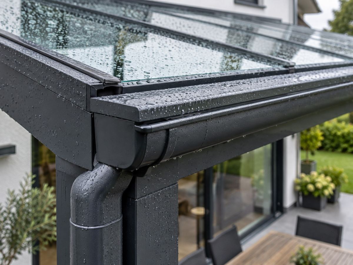 Detail eines anthrazitfarbenen Aluminiumprofils mit integrierter Regenrinne an einer Terrassenüberdachung