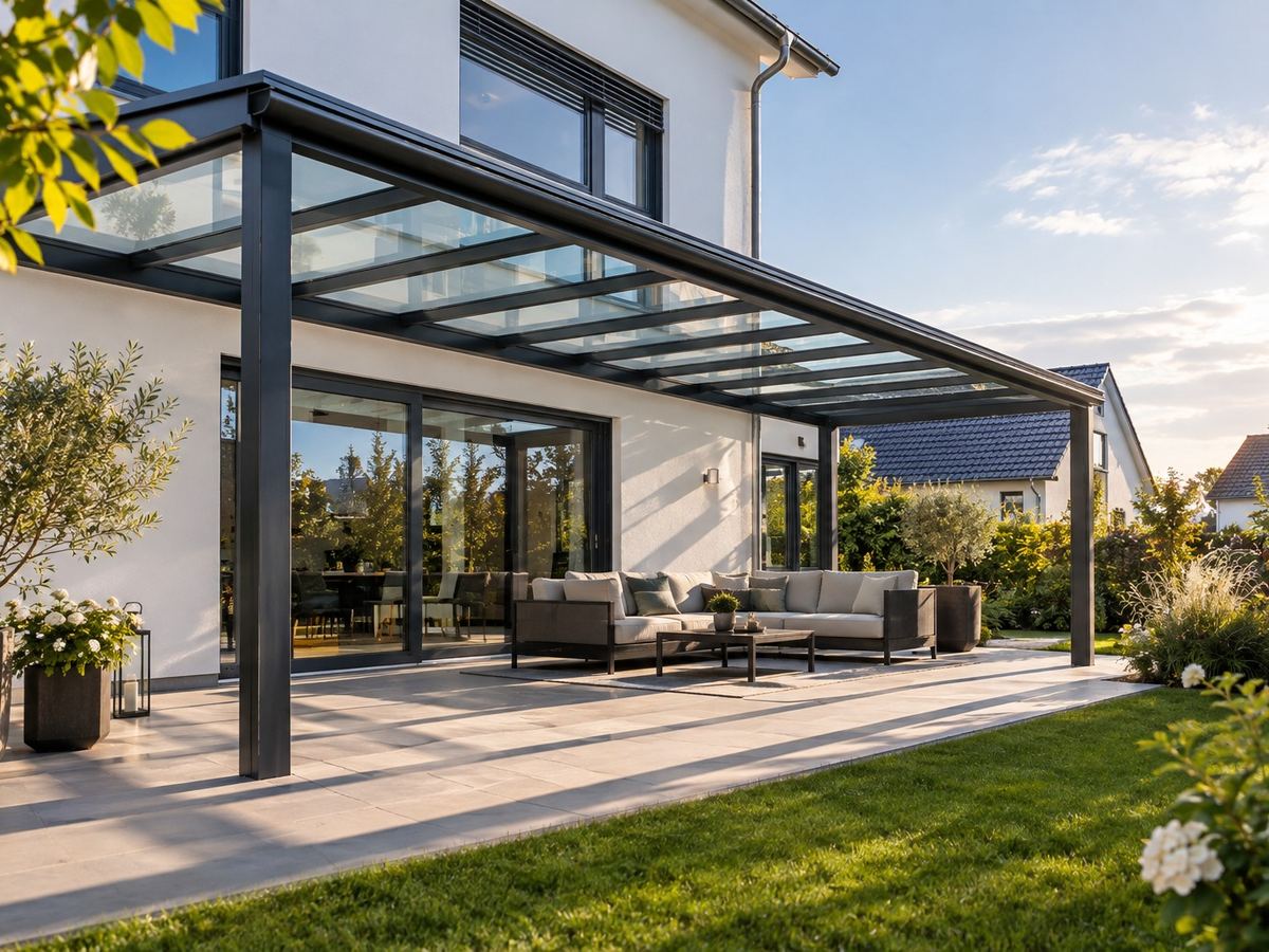 Terrassenüberdachung aus Aluminium mit Glasdach aus Verbundsicherheitsglas