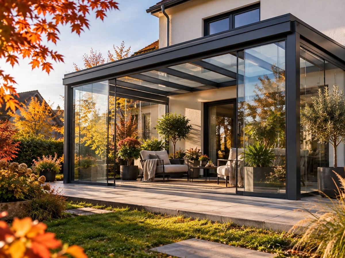 Kaltwintergarten mit Glasschiebewänden an einer Terrasse