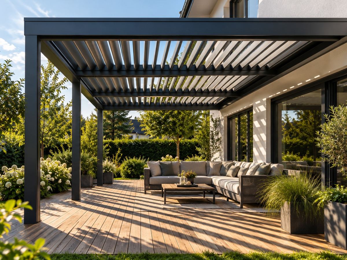 Lamellendach aus Aluminium mit teilweise geöffneten Lamellen über einer Terrasse