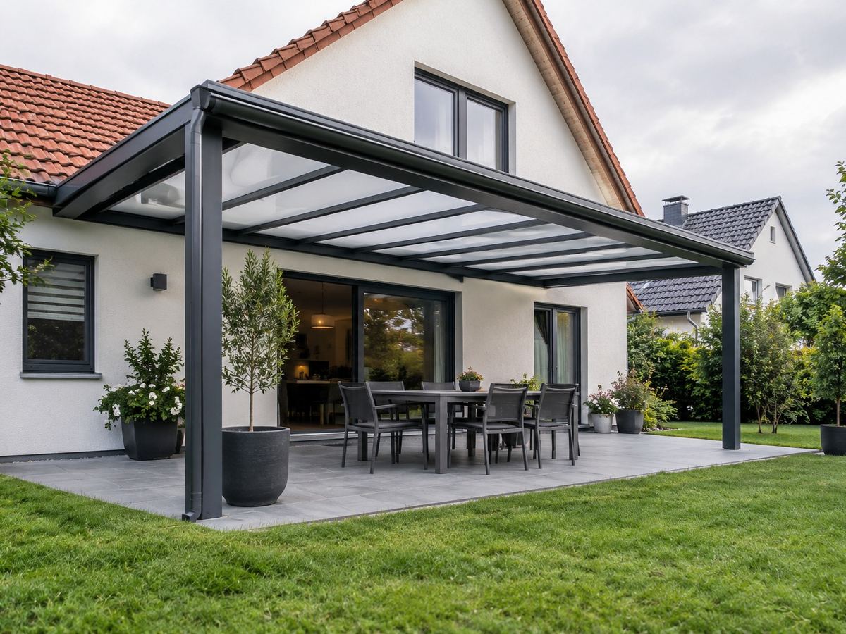Terrassenüberdachung aus Aluminium mit Polycarbonat-Stegplatten an einem Einfamilienhaus