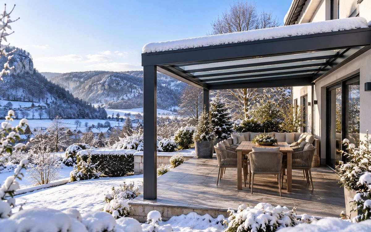 Symbolbild: Terrassenüberdachung mit Schnee an einem Haus in Hanglage, im Hintergrund ein verschneites Tal mit Kalkfelsen