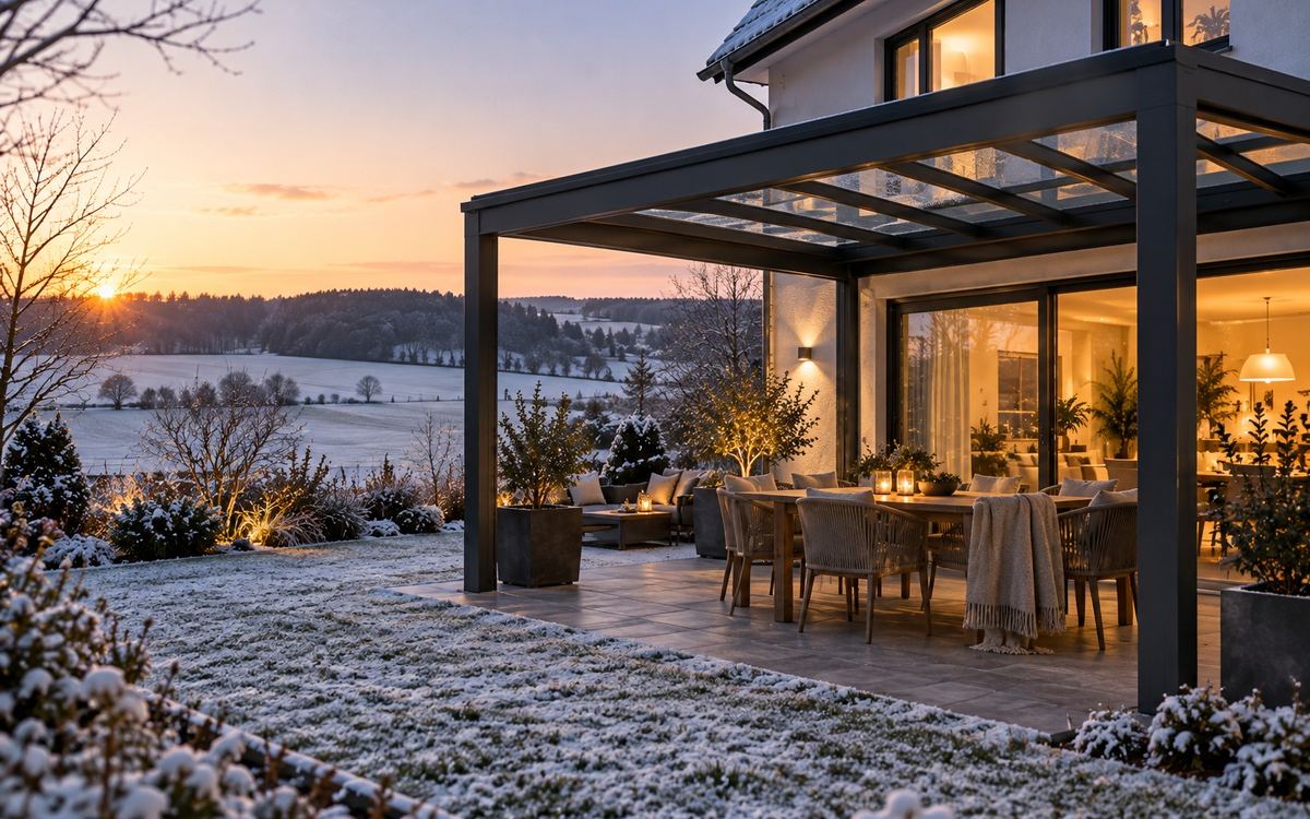 Symbolbild: Terrassenüberdachung mit Glasdach an einem Haus am Ortsrand mit Blick über Felder, leichter Frost