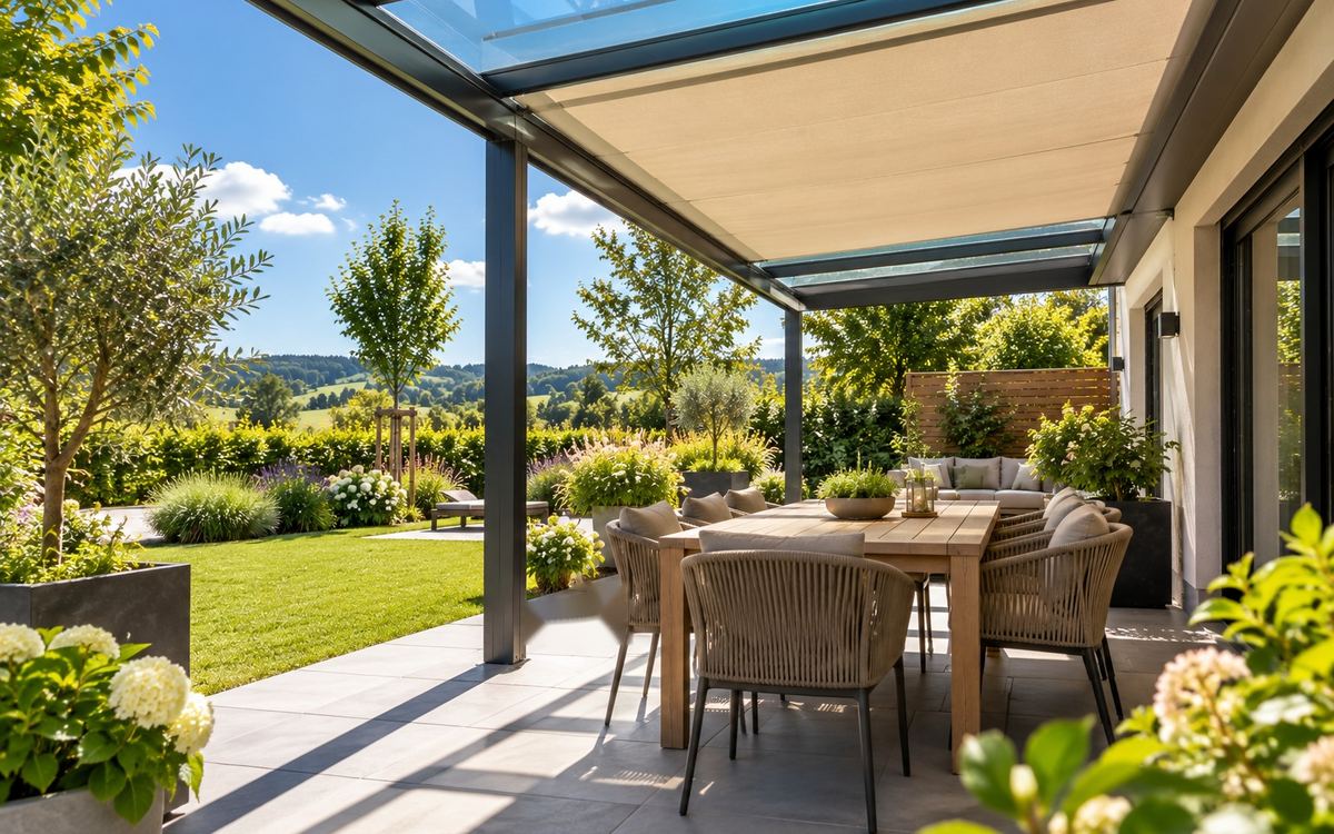 Symbolbild: Terrassenüberdachung mit Glasdach und ausgefahrener Unterdachmarkise über einer sonnigen Südterrasse