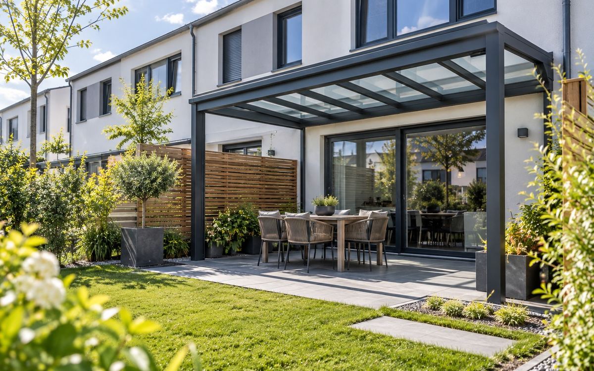 Symbolbild: Terrassenüberdachung mit Glasdach an einem modernen Reihenhaus