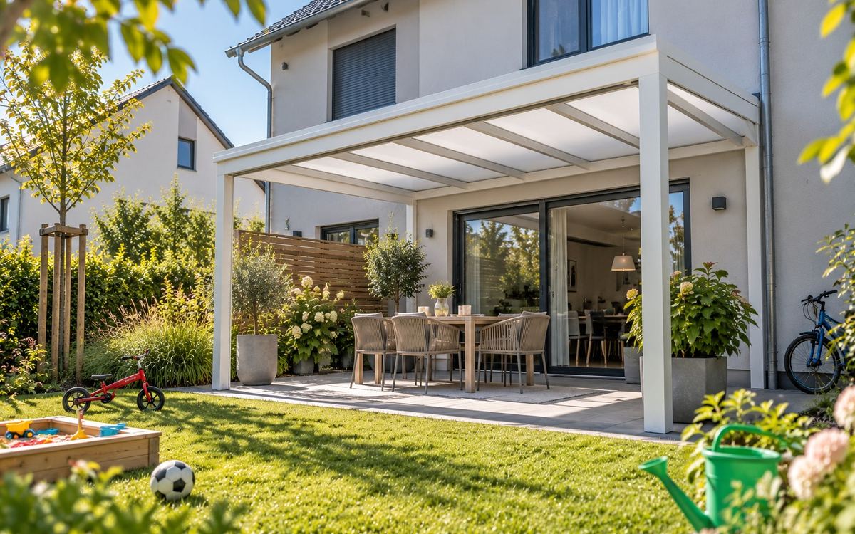 Symbolbild: Weiße Terrassenüberdachung mit Stegplatten an einer Doppelhaushälfte mit Familiengarten