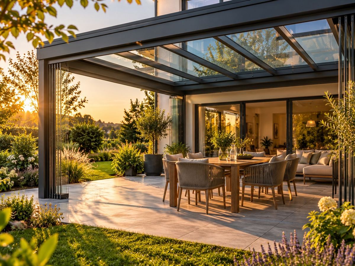 Kaltwintergarten aus Aluminium mit geöffneten Glasschiebewänden an einer Terrasse im Spätsommer